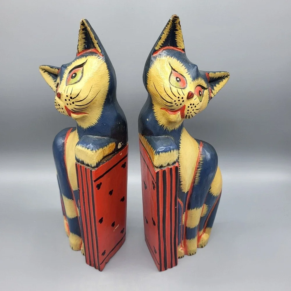Wooden Cat Bookends Hand Painted Folk Art Colorful Shelf Decor Blue Yellow Red